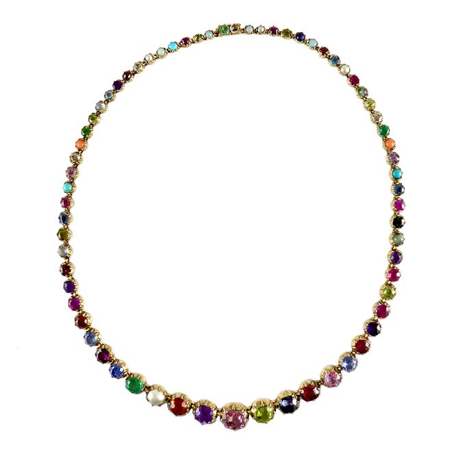 Early 19th century graduated vari-coloured gem set collet necklace, c.1830, including emeralds, rubies, sapphires, garnets, pearls and other gemstones, | MasterArt